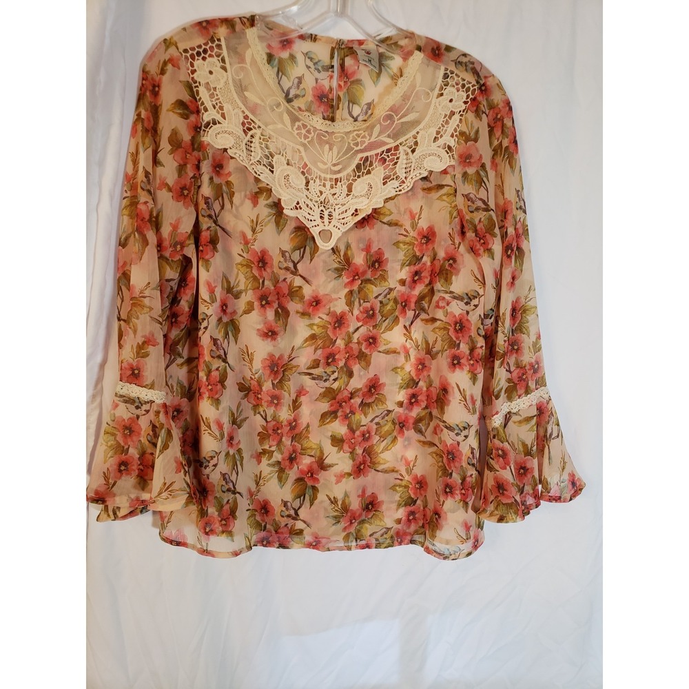 Women's LC Conrad Disney Tan Floral Bell Sleeves Blouse Size M